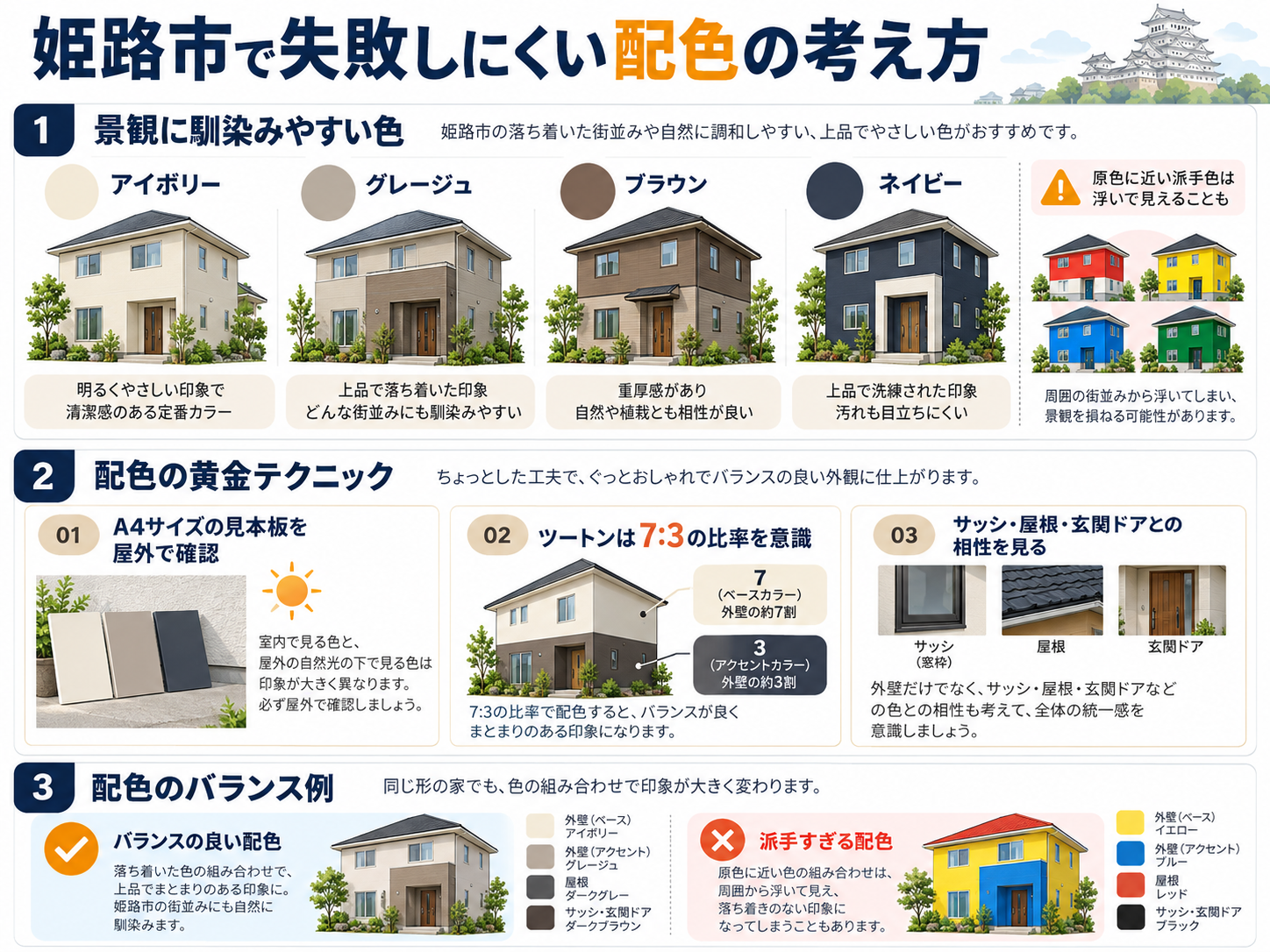 「派手すぎて近所から浮いた…」外壁塗装の色選びで後悔しないカラーシミュレーションと姫路市の景観条例ルール