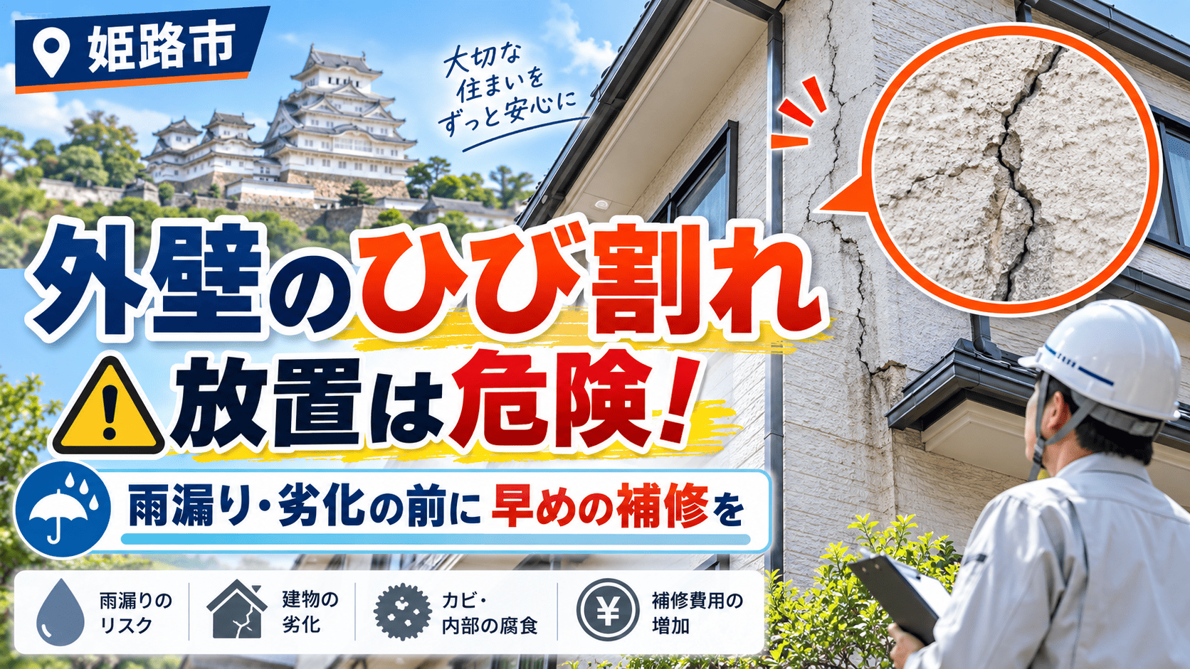 【危険度チェック】姫路市で外壁のひび割れ(クラック)を発見したら?放置のリスクと正しい補修方法